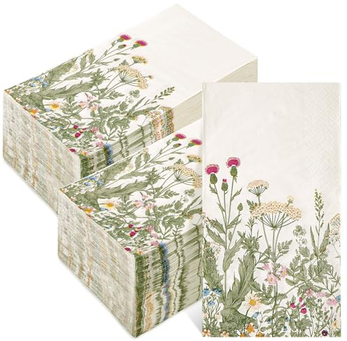 AnyDesign 100 Stück Blumen-Gäste-Servietten Wildblumen-Einweg-Papierservietten, botanische grüne Blätter, Kräuter, Abendessen, Handserviette für Zuhause, Küche, Badezimmer, 3-lagig, 38.1x32.8 cm