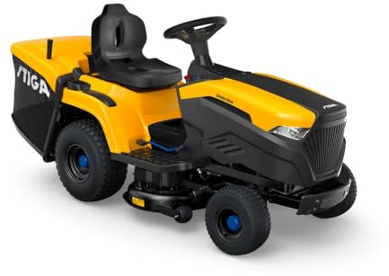 STIGA Trattorino tagliaerba elettrico a batteria Estate 584e – 48V 40Ah Li-Ion – Trattore rasaerba con piatto da 84 cm, raccoglitore 240 L, 3 modalità di taglio e caricatore veloce