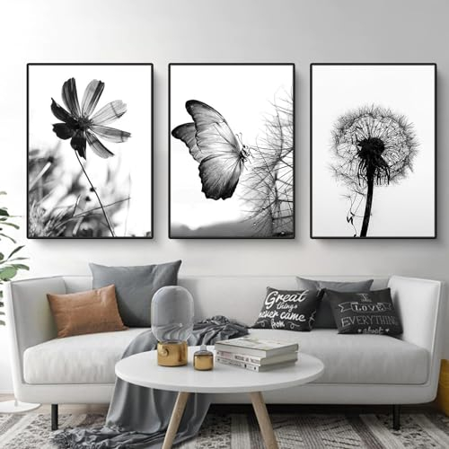 Martin Kench Set of 3 Poster Aesthetic Black and White Butterfly Flower Dandelion Picture Set Modern Wall Pictures Living Room Bedroom Wall Decoration Art without Frame