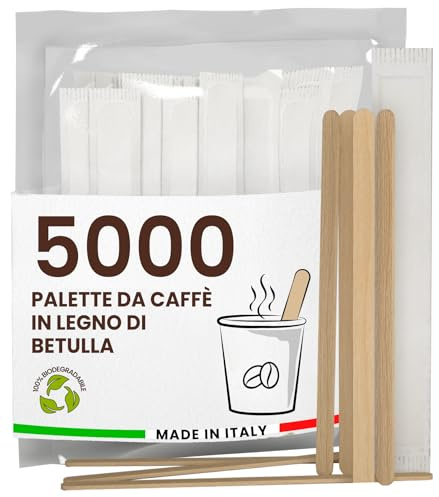 5000 Palette Caffè Monouso in Legno di Betulla, Imbustate Singolarmente, Biodegradabili e Compostabili, Resistenti al Calore per Mescolare Caffè e Bevande - Made in Italy