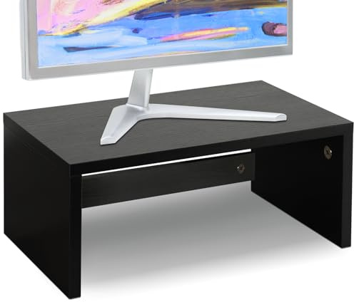 TEAMIX 14.2 inch Monitor Stand Riser, Wood Monitor Riser with Storage for Desk Small Monitor Stand TV/Screen/PC/Laptop Riser Computer Stand Desktop Shelf (Black-Higher)
