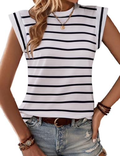 Zeagoo topp dam basic linne ärmlös t-shirt sommar mössa ärmar topp lös blus topp rund hals toppar enfärgad väst, Randig vit, M