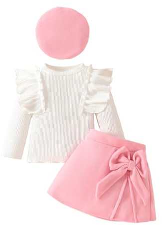 LUVCES Completi Vestito Bambina Autunno Inverno Set Top Maniche Lunghe con Volant a Maglia + Elegante Papillon Minigonna + Berretto 3Pcs Gonna Vestiti Set Rosa 9-12 Mesi
