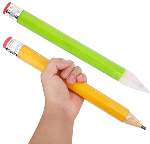 Tinoaly 2stk Jumbo-Bleistifte Holz, 33,5cm Lustige Übergroße Bleistifte Holz mit Kappe und Radiergummi Großer Neuartiger Bleistift Riesenbleistift Partyspiel-Requisiten Schulbürobedarf(Gelb, Grün)