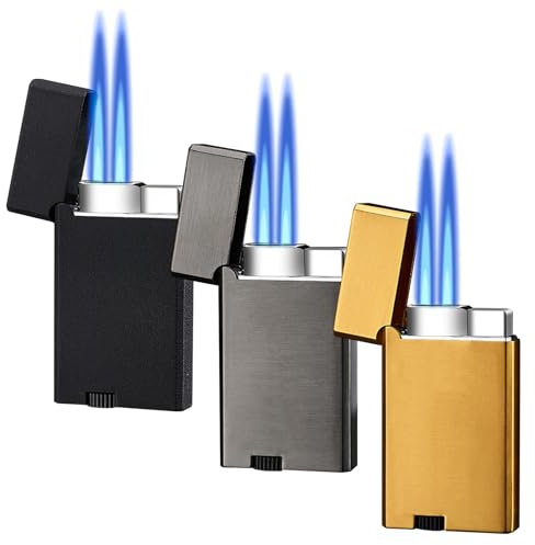 3 mecheros para tormentas, llama de chorro doble, mechero, llama, chorro, regalo para hombres y mujeres, sin gas (dorado y negro, negro)