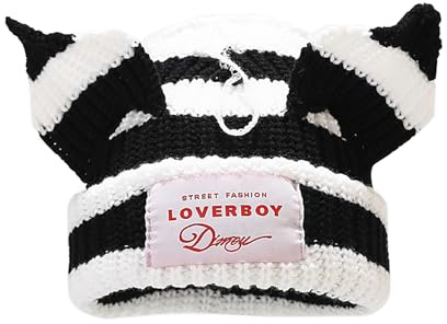Striped Cat Ear Hat Cute Beanie Hat Knit Cap Warm Skull Cap Crochet Hat for Men and Women (Black White)
