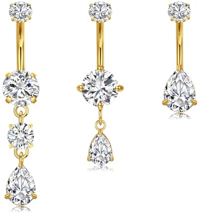 MODRSA 14G Gold Belly Button Rings Stainless Steel Dangle Diamond CZ Belly Bar Belly Piercing 10MM Navel Piercing Bananabells Bar Women