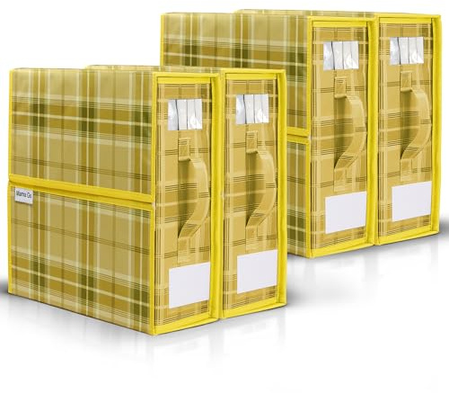 Mama Gs Bed Sheet Organizer Set of 4 – Plaid Sheet Storage 15x12x4 – Foldable Bedsheet Holders with Zipper, Window – Closet Organizer for Bedding Storage, Pillows, Duvets, Linen – Yellow