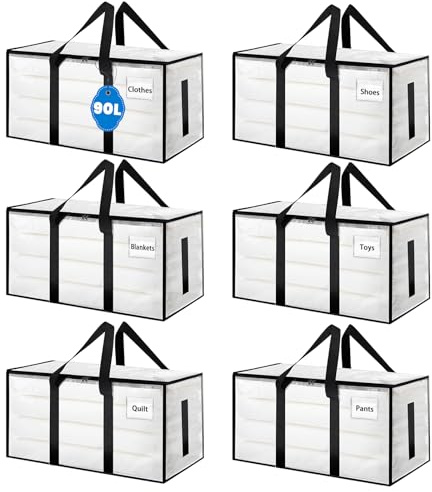 6 stycken stora förvaringsväskor, transparenta flyttfickor 90 L, med dragkedja och bärhandtag, hållbar förvaring och transporthjälp för kläder, sängkläder, flytt