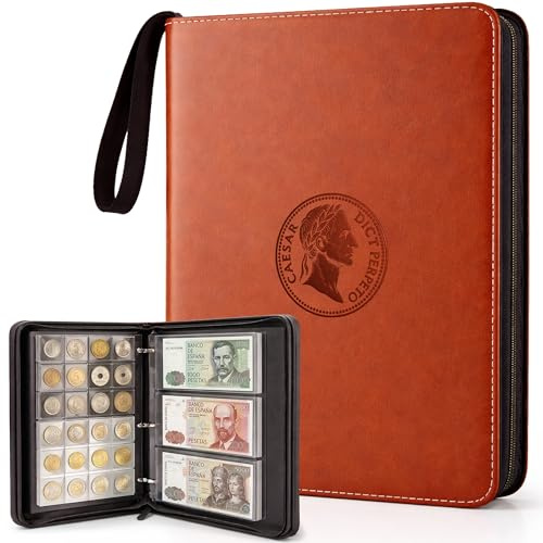 Álbum de Monedas con 400 Bolsillos + 15 para Billetes | Carpeta Coleccionista con Cremallera | Fundas PVC Transparentes | Organizador Monedas Diferentes Tamaños