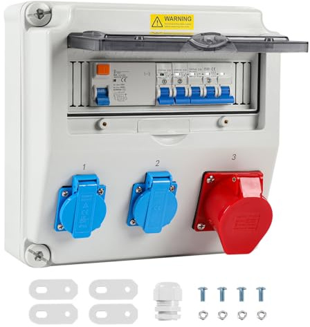 Distributore da parete, 1 x 16 A, 2 x 230 V, con LS+FI, con interruttore di protezione, con RCCB, distributore con coperchio di sicurezza, presa CEE 16 A, per uso interno ed esterno