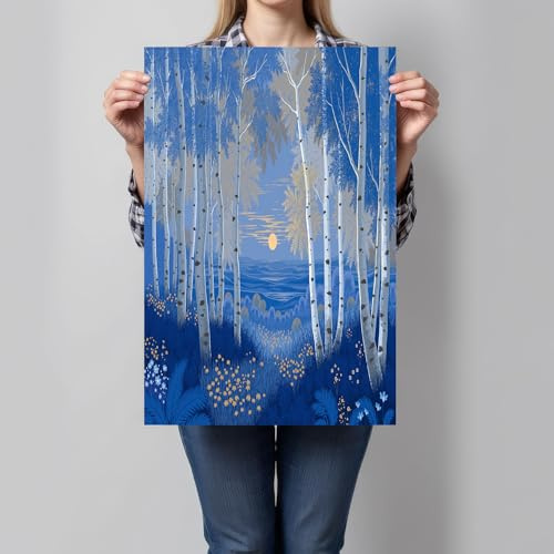 DLERFLOVR Canvas Wall Art Birch Forest Painting on Canvas Print Posters Linoleum Print Style Wall Decoration Artwork for Living Room Bedroom and Office, 36L x 24W Frameless - Blue