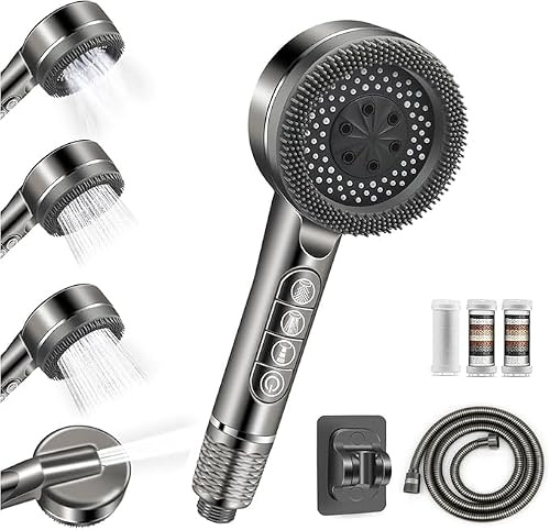 Pommeau de Douche Haute Pression avec Filtre PP, Pommeau Douche Anti Calcaire 4 Modes, Jet Massage & Pistolet, Tuyau 1.5M, 3 Filtres Inclus - Économie d'Eau，Douchette de salle de bains,GRAY