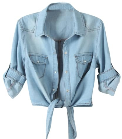 Beskuren jeansjacka knyt fram knut upprullning halvärm Chambray cardigan fritid trendig för kvinnor