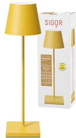 SIGOR Nuindie - Dimmbare LED Akku-Tischlampe Indoor & Outdoor, IP54 spritzwassergeschützt, Höhe 38 cm, aufladbar mit Easy Connect, 12 h Leuchtdauer, sonnengelb
