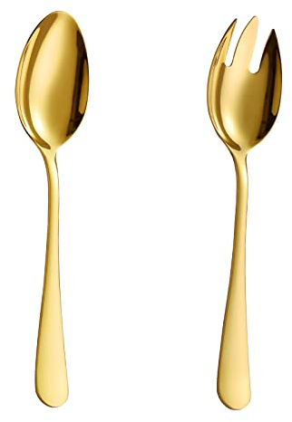 Velaze Salatbesteck aus Edelstahl, Salatlöffel und Salatgabel, 2 Stück Salat Servierset, Poliertes Design, Spülmaschinenfest, Geeignet für Zuhause, Camping, Restaurant - Gold, 24.8cm