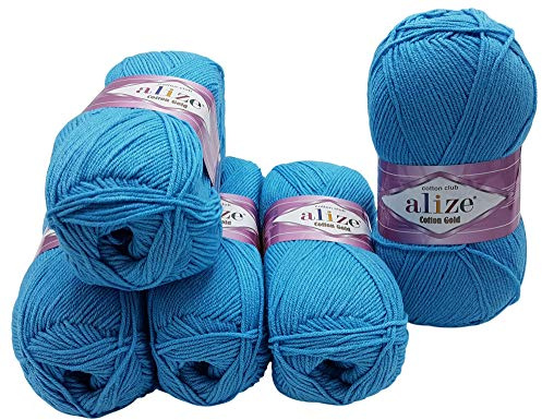 Alize 5 x 100g Strickwolle Cotton Gold mit 55% Baumwolle, 500 Gramm Wolle einfarbig (türkis 287)