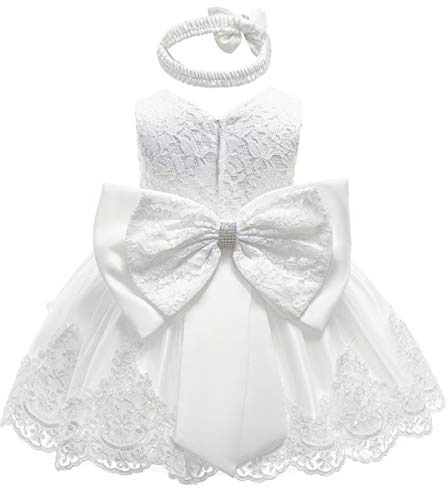 HOIZOSG Christening Dress Lace Pageant Baptism Wedding Formal Bowknot Birthday Party Tutu Flower Girls Dress w/Headwear, White, 18-24M