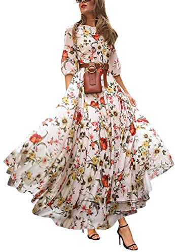 Onsoyours Vestito Donna Boho Abito Chic Manica 3/4 Maxi Vestito Stampa Floral Vintage Loose Casual Lungo Abito da Spiaggia