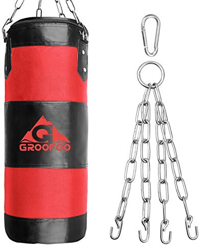 GROOFOO Sacco da Boxe Bambini Adulto 100x33cm Oxford Sacchi Pugilato Allenamento di Boxe per Bambini Borsa Non RICARICATA con Catena Montaggio per MMA Muay Thai Kick Boxing - Rosso