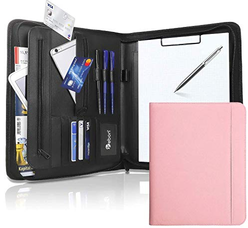 Vebon® Schreibmappe A4 groß New York I Veganes Leder, Reißverschluss + Klemmbrett I Konferenzmappe + Laptoptasche I extra Stauraum I Rosa
