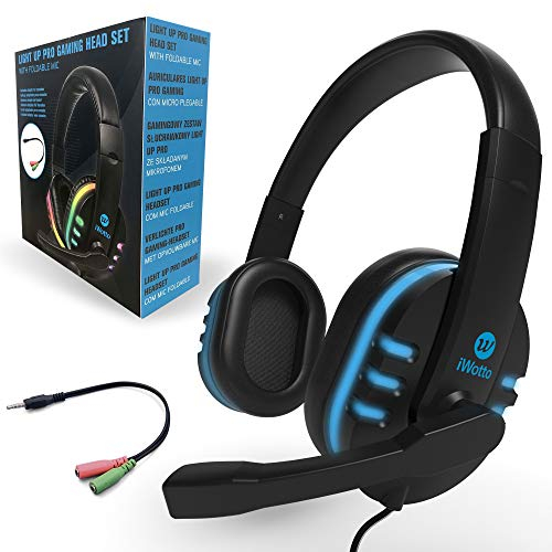 Cascos Gaming iWotto, Auriculares Gaming De Diadema Cancelación Ruido, Auriculares con Micrófono Flexible, Orejeras Cómodas Iluminación RGB para PS4 Xbox One PC Tablet