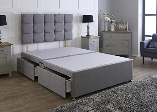 Comfy Deluxe LTD Linen Divan Bed Base With Matching Cube Headboard | Divan Bed Frame | Bed Base | Premium Linen (Grey, 4.0FT Small Double 2 Drawer Same Side)