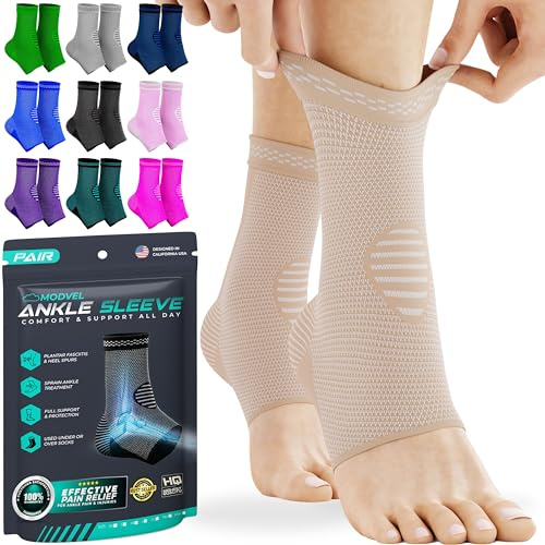 MODVEL Compression Ankle Support Sleeve – Medium Skin Tone Fit for Swelling, Injury Recovery & Everyday Joint Relief