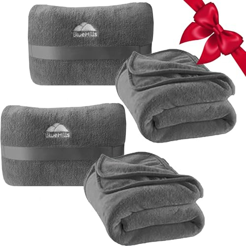 BlueHills 2 Pack Travel Blanket Pillow in Mini Soft Case Premium Plush Airplane Blanket in Soft Bag Compact Pack with Luggage Belt and Backpack Clip - Grey Gray M21