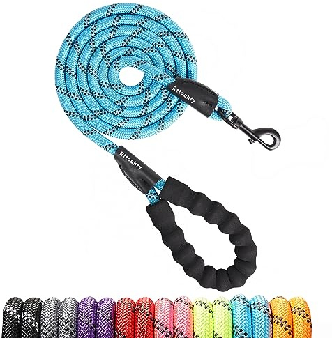 Rttochfy Rope Dog Leash 2/4/5/6/8/10 FT with Comfortable Padded Handle and Highly Reflective Threads for Small Medium and Large Dogs Heavy Duty (1/2-5 FT, Blue)