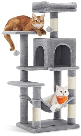 Feandrea Árbol para Gatos, Altura 112 cm, Torre de Gatos, con 4 Postes Rascadores, 2 Plataformas, 1 Cueva, 1 Hamaca, 2 Pompones, Tela de Felpa, Multinivel, Gris Claro PCT261W01