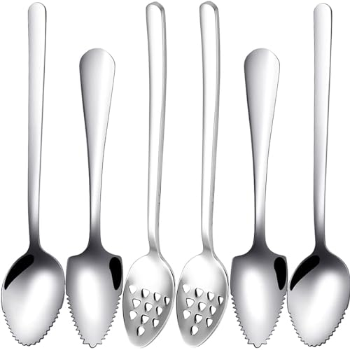 Tomuvpzn Grapefruit-Löffel, 6-teiliges Set, 4 Grapefruitlöffel mit Wellenschliff aus Edelstahl, 2 Grapefruitlöffel mit Löchern, Grapefruitutensilien-Set, gezackte Kanten, Löffel, 6 Stück