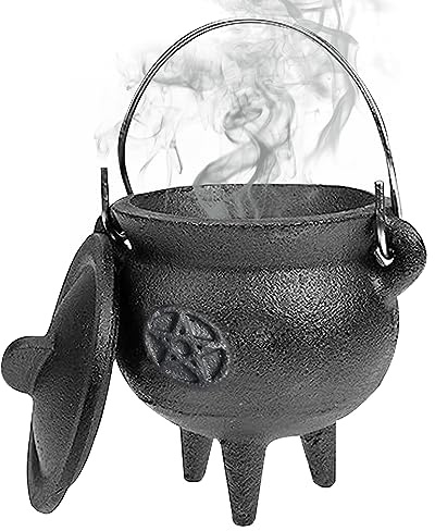 Gjutjärn kittel med lock och handtag kittel gjutjärn halloween 10 x 7,5 x 7,5 cm kittel dekorativt ljus rökelse brinnande häxa gryta kittel, stjärna