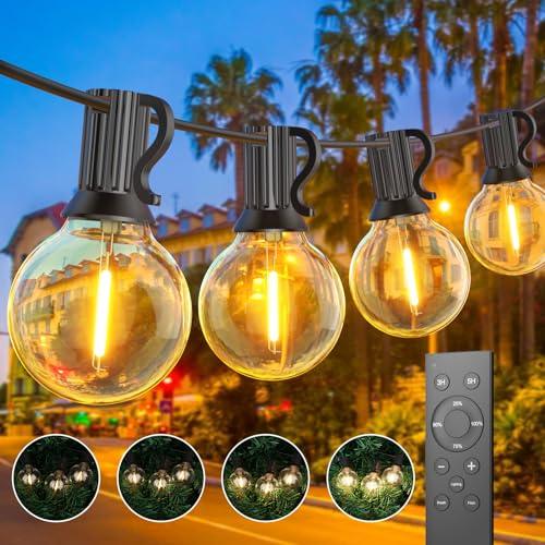 Toipwen Guirnalda Luces Exterior Regulables, 45.7M Luces Exterior Jardin con Control Remoto, 75+2 LED Bombillas, IP45 Impermeable, Baja Tensión 24V, Blanco Cálido para Patio, Balcón, Camping