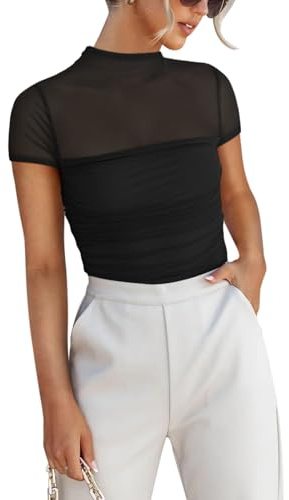 REORIA Sexy Bodysuits for Women Classic Mock Turtle Neck Short Sleeve Slim Fit Shirts Sheer Mesh Ruched Trendy Going Out Tops Cute Office Bodysuits Black Small