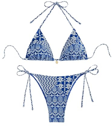 GORGLITTER Bikini Damen Set Triangel Bikini Mit Blumen Neckholder Bikini Set Boho Bikini Zweiteiler Badeanzug Bademode Blau M