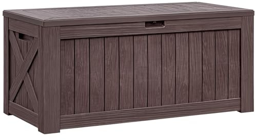Flamaker Resin Deck Box 120 Gallon Waterproof Large Outdoor Indoor Storage Box Imitation Wood Resin for Patio Furniture Garden Tools and Pool (Deep Brown)