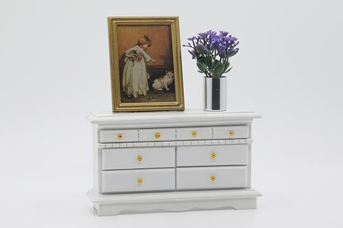 Minamzee Juego De 3 Piezas De Miniaturas para Casa De Muñecas, 1:12 Gabinete Lateral De Madera con Cajones, Pintura Artística Y Maceta, Accesorios para Muñecas De Sala, Cocina O Dormitorio