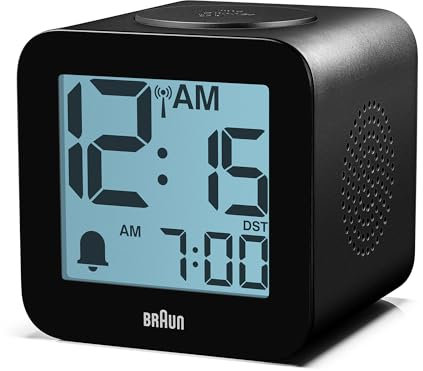 Braun digitaler funkgesteuerter Wecker für mitteleuropäische Zeitzone (DCF) mit Sprachausgabe, Schlummerfunktion, positiver LCD-Anzeige, ansteigendem Signalton in schwarz, Modell BC25BP-DCF