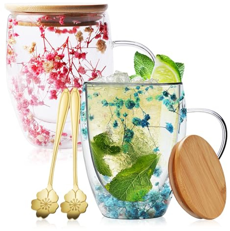 Blommor dubbelskikt glaskoppar, 2 stycken 350 ml dubbelväggiga glaskoppar kopp med sked, lock, kaffekopp med torkade blommor, klara dubbelväggiga glas, torkade blommor dubbelväggiga koppar för mjölk