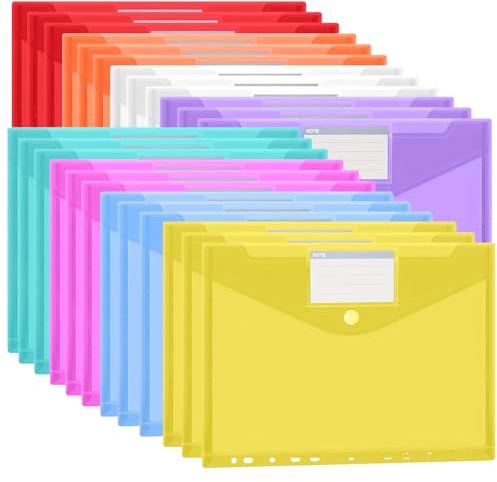 Lot de 24 porte-documents A4 classables - 10 couleurs - Porte-documents A4 avec fermeture Velcro, 11 bords perforés et poche pour étiquette - Classeur transparent pour système de classeurs