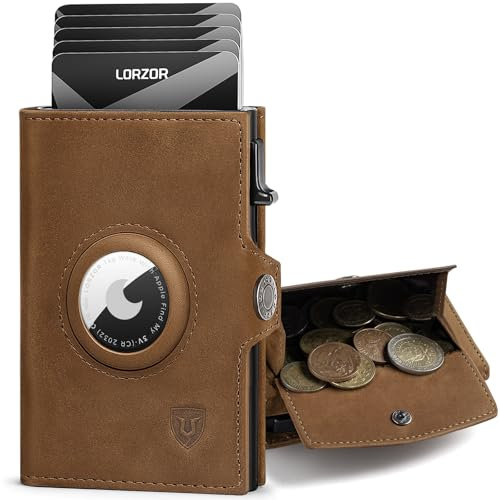 LORZOR AirTag Wallet mit XXL münzfach für 10+ Münzen, Slim Wallet AirTag, Geldbörse Herren Echtleder Portemonnaie, AirTag Portmonee Herren Geldbeutel, Kartenetui RFID schutz, Smart Wallet, Brieftasche