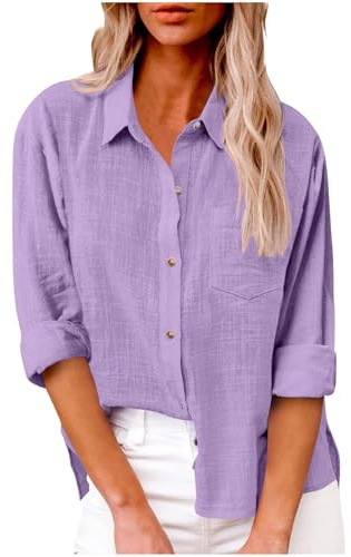 Camisa Mujer Lino Algodón Manga Larga Camiseta Blusa Ligero Verano Otoño Moda Casual Color Sólido Cómodo Suelto Bolsillo Oficina Botones Tops Tshirt Elegante Basic tee Transpirable 2025