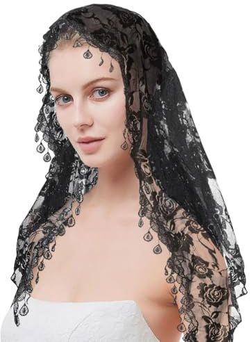 BEAMARKER 2 pièce de Voile Triangulaire en Dentelle Bandeau en Polyester à Fleurs Châle Écharpe Latine Rose Noire Couvre Chef Mantille Cathédrale Voile de Chapelle pour Femmes Mariage Demoiselles D'Ho
