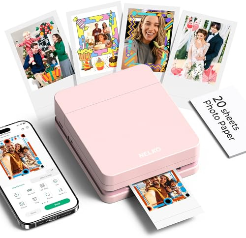 Nelko Fotodrucker PP01 Farbe Tragbarer Mini Fotodrucker für Smartphone mit 20 Fotopapier, Tintenstrahl Aufkleber Drucker, Sticky Back Fotos für iOS & Android, Spaß Bearbeiten App, Rosa