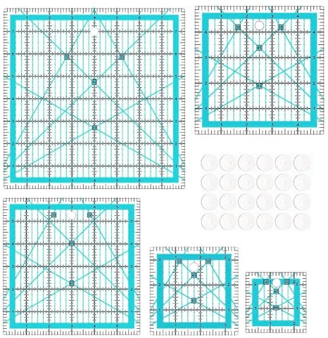 5 righelli trapuntati grandi patchwork righello da cucito e 24 adesivi antiscivolo con indicatori angolari, righello da sarto, righello da stiro per artigianato in tessuto fai da te (2,5/3,5/5/6/8