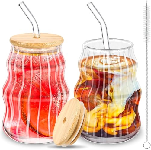 2 pezzi Tazze da Caffè Ghiacciato, 530ml Tazza di Vetro a Strisce, Tazza d'acqua Rigata, Bicchieri da Succo, con Coperchio e Cannuccia in Vetro e Pennello,per Birra Latte Succhi di Frutta Caffè