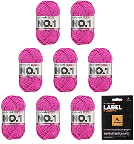 myboshi No.1 Wolle zum Häkeln und Stricken, Schnellstrickgarn, inkl. Label, Strickwolle, Häkelwolle, mulesing-frei, Ll. 55m /50g, 30% Wolle (Merinowolle) Rosa (Orchidee), 8 Knäuel