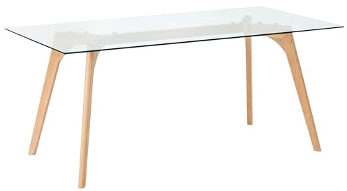 Tavolo da Pranzo Rettangolare Piano in Vetro Gambe in Legno 180 x 90 cm