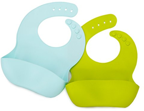 Pekitas Wasserdichtes Silikon-Lätzchen für Babys, leicht aufrollbar, trocknet schnell, leicht zu reinigen, Tasche zum Aufnehmen von Mahlzeiten, Set grün + blau